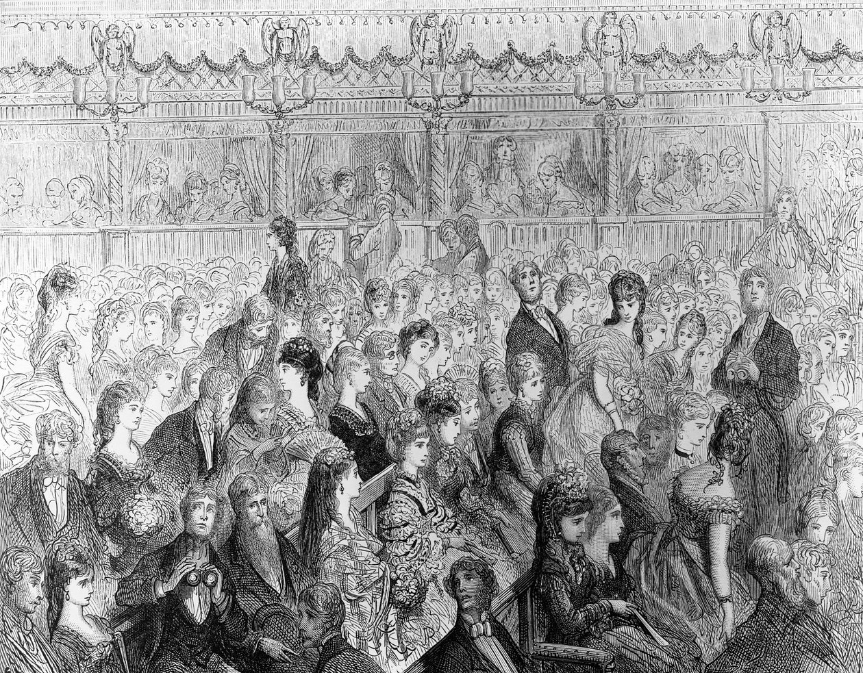 The Stalls, Covent Garden Opera, "Lontoo, pyhiinvaellus", kirjoittanut William Blanchard Jerrold (1826-84), kaiverrus Paul Jonnard-Pacel (k.1902) tekijältä Gustave Dore