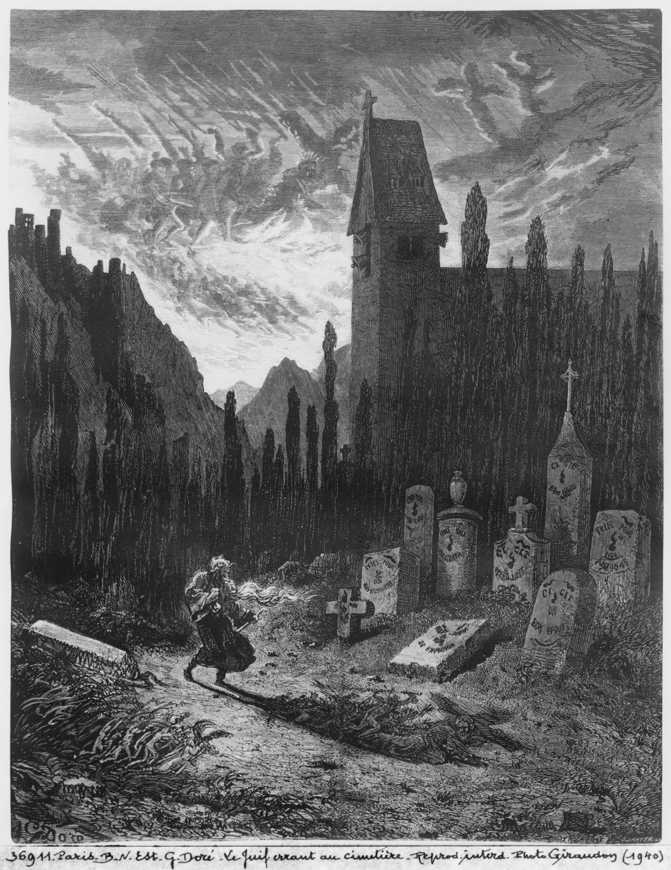 Vaeltava juutalainen hautausmaalla, kaiverrus Octave Jahyer (s.1826) tekijältä Gustave Dore