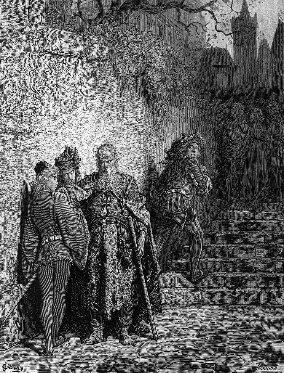 Ancient Mariner pidätti häävieraan, S.T.:n "The Rime of the Ancient Mariner" alkukohtaus Coleridge, julkaisija Harper und Sons, New York, 1876 (puukaiverrus) tekijältä Gustave Dore