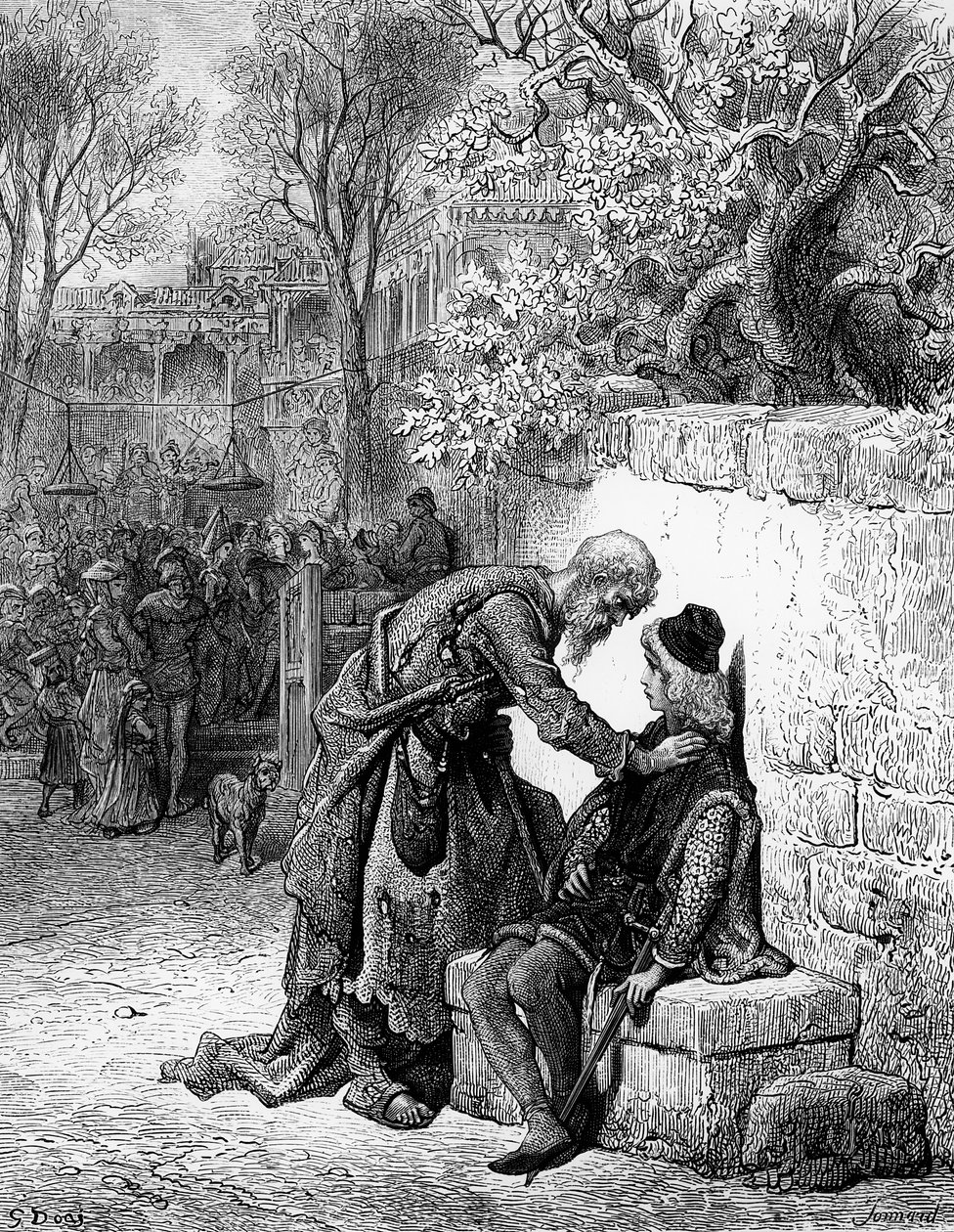 Muinainen merimies esti häävieraan osallistumasta häihin, kohtaus elokuvasta "The Rime of the Ancient Mariner", kirjoittaja S.T. Coleridge, julkaisija Harper und Sons, New York, 1876 (wood e tekijältä Gustave Dore
