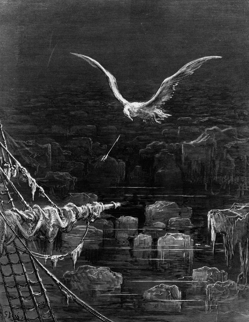 Albatrossin on ampunut Mariner, kohtaus S.T.:n elokuvasta The Rime of the Ancient Mariner. Coleridge, kirjoittanut S.T. Coleridge, julkaisija Harper und Brothers, New York, 1876 (puukaiverrus) tekijältä Gustave Dore