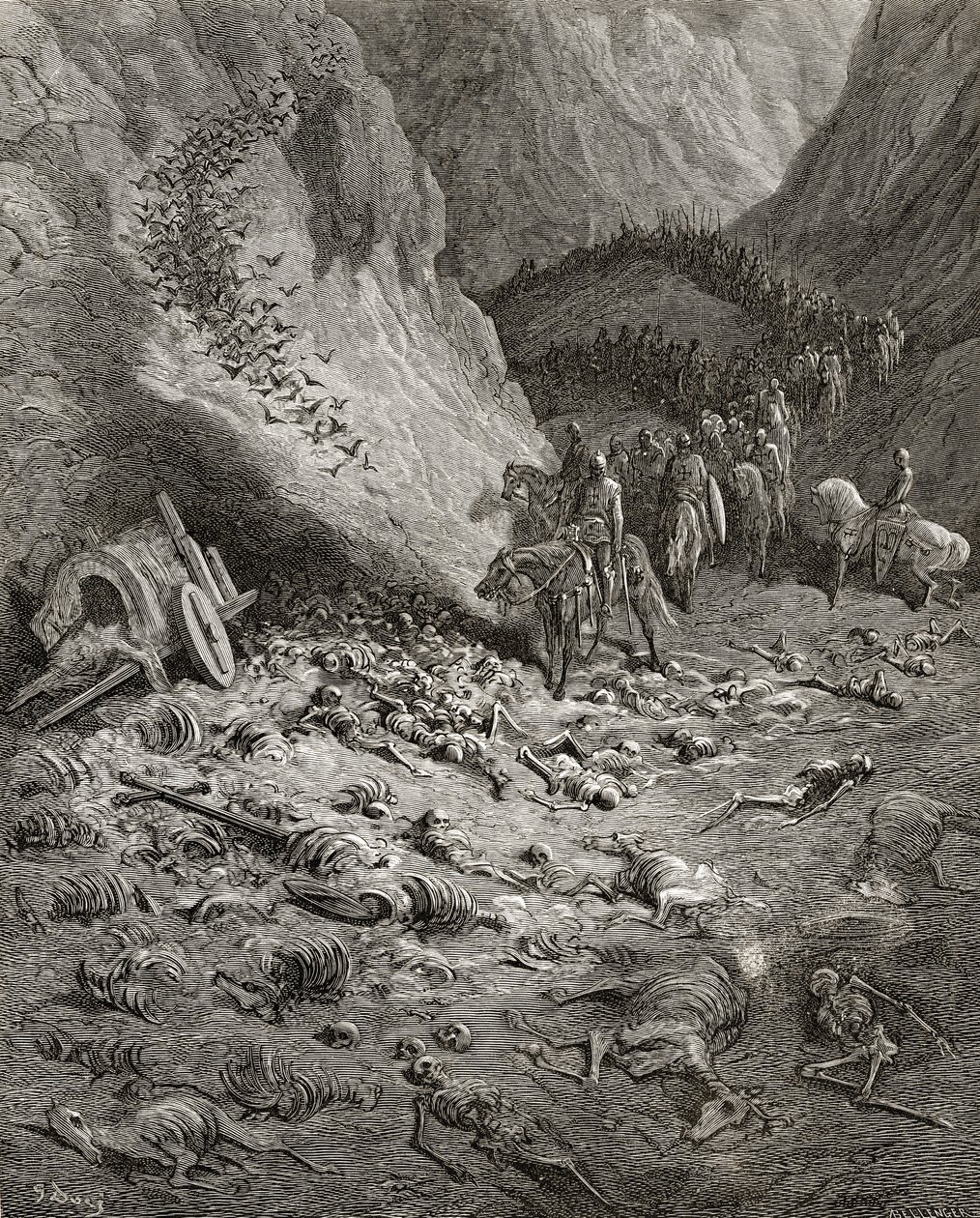 Toisen ristiretken armeija löytää ensimmäisen ristiretken sotilaiden jäänteet, kuvitus J-F:n Bibliotheque des Croisadesista. Michaud, 1877 tekijältä Gustave Dore