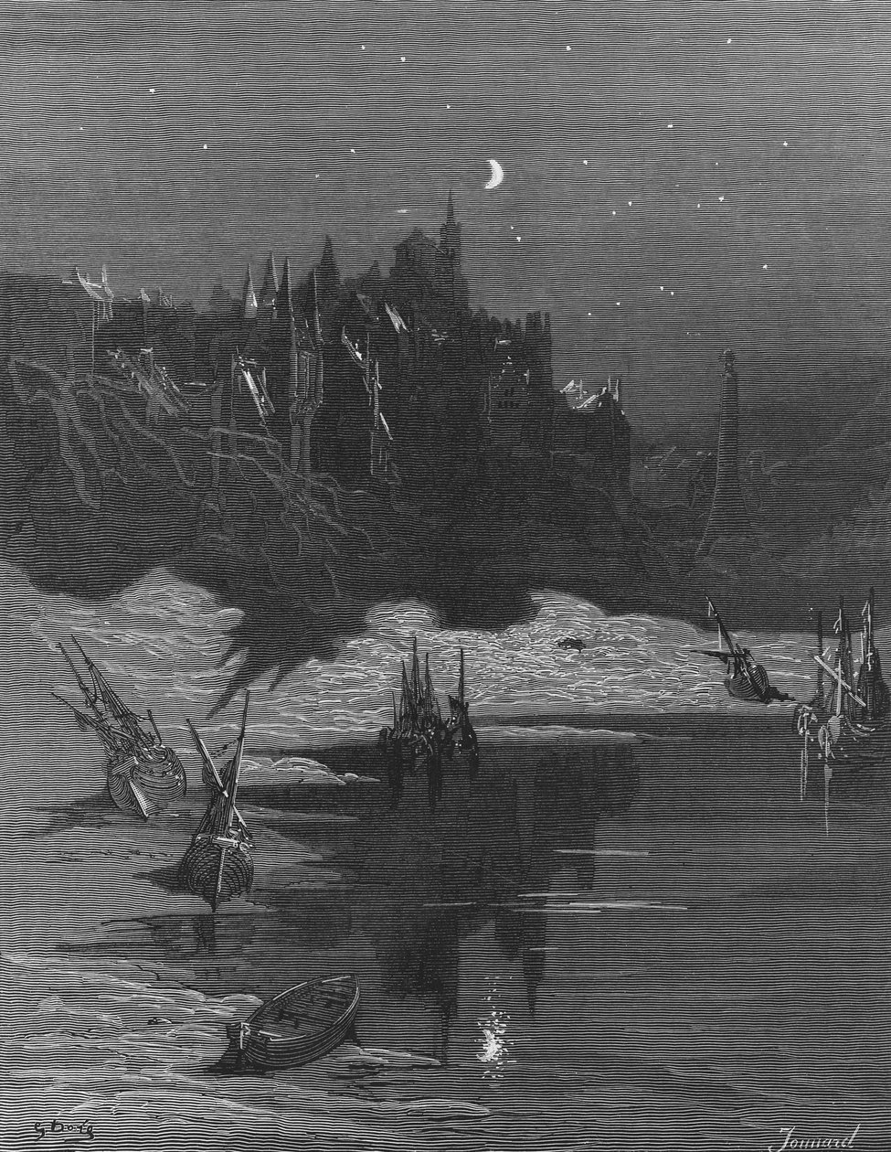 Transsista vapautuneen ja unesta heränneen merimiehen ensimmäinen näky kotimaastaan, kohtaus S.T.:n teoksesta "The Rime of the Ancient Mariner" Coleridge, julkaisija Harper und Brothers, New Y tekijältä Gustave Dore