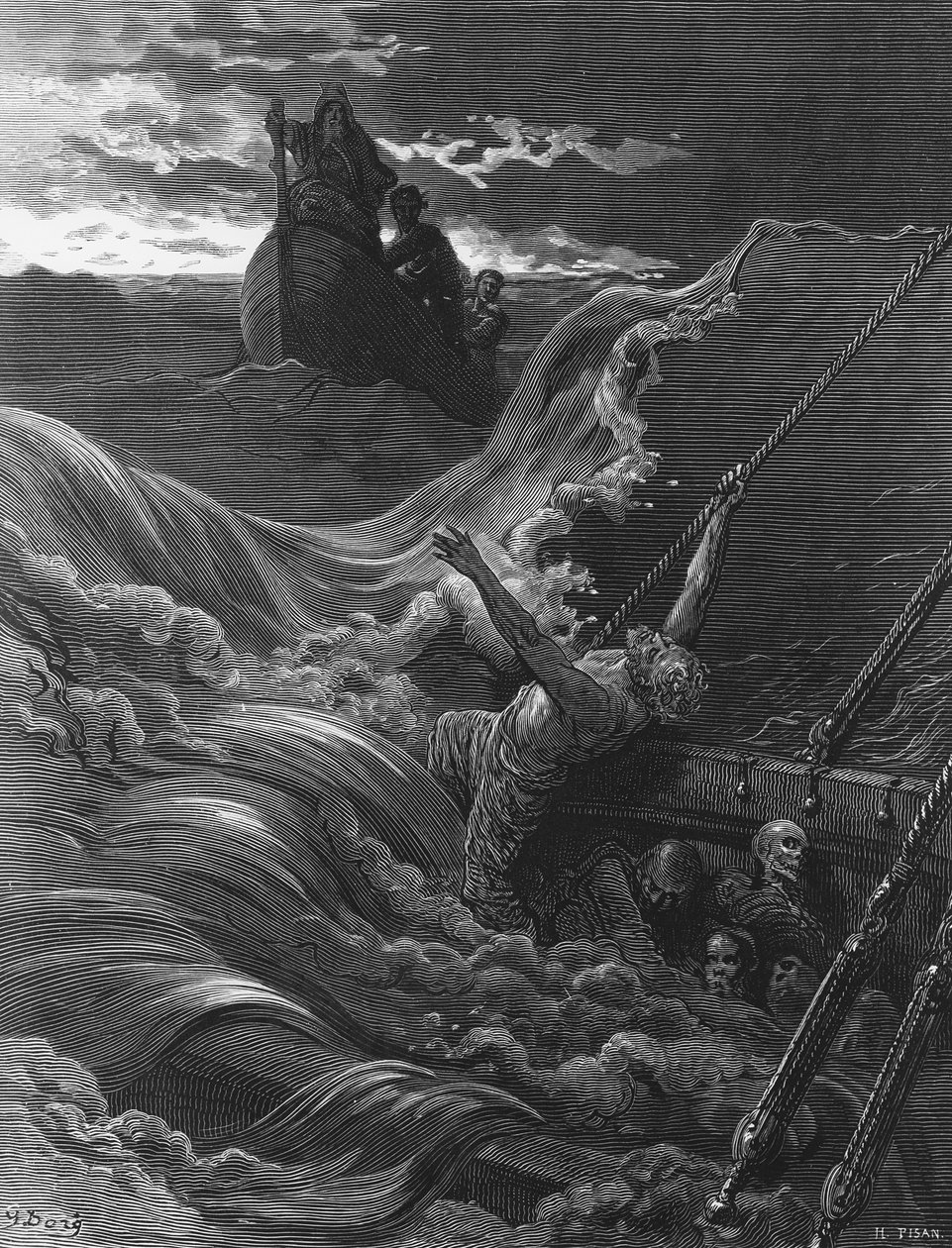 Merenkulkija näkee laivansa uppoamisen aikana veneen, jossa on erakko ja luotsi, kohtaus S.T. Coleridgen teoksesta "The Rime of the Ancient Mariner", jonka on julkaissut Harper und Brothers, New York, 1876 (puukaiverrus). tekijältä Gustave Dore