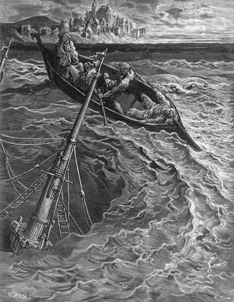 Laiva uppoaa, mutta Pilot and Erakko pelastaa Marinerin, kohtaus S.T.n elokuvasta The Rime of the Ancient Mariner. Coleridge, julkaisija Harper und Brothers, New York, 1876 (puukaiverrus) tekijältä Gustave Dore