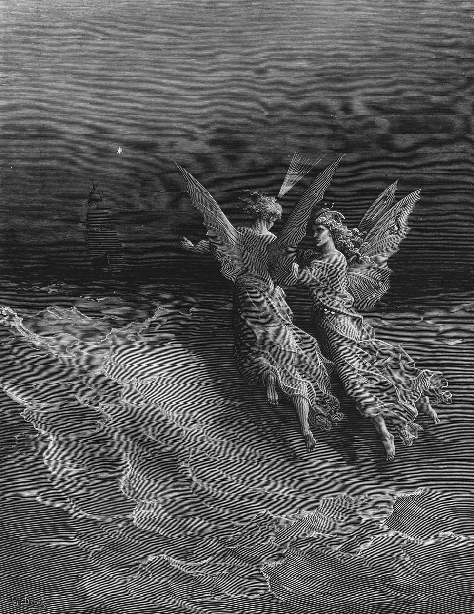 Etelänavan hengen henkitoverit kysyvät, miksi laiva kulkee niin nopeasti ilman tuulen tai meren apua, kohtaus S.T.:n teoksesta "The Rime of the Ancient Mariner". Coleridge, tekijältä Gustave Dore