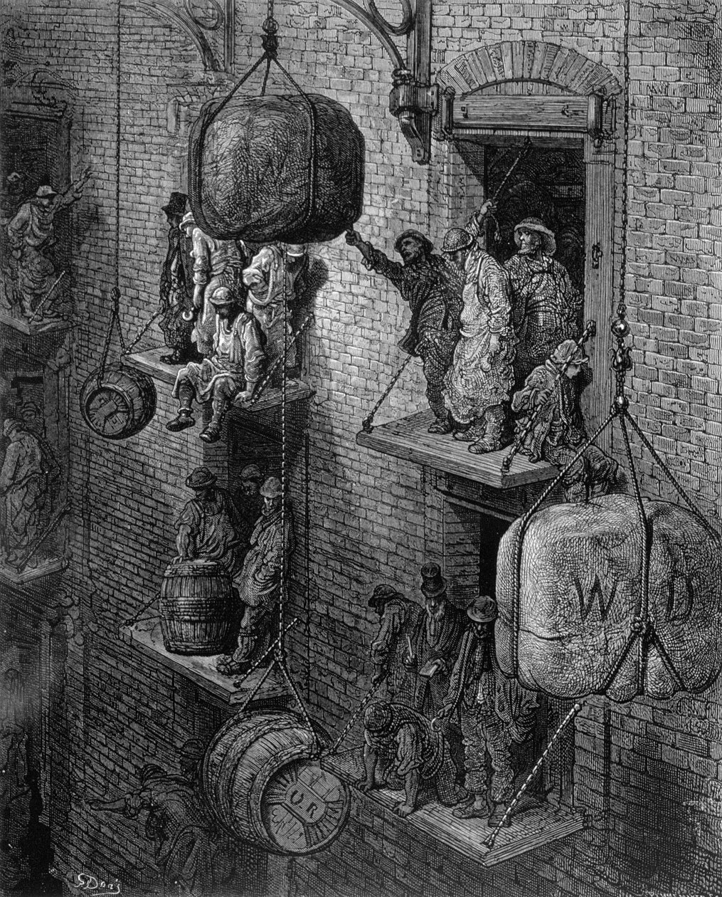 Warehousing in the City, teoksesta "London, a Pilgrimage", kirjoittanut William Blanchard Jerrold (1826-84), kaivertanut Stephane Pannemaker (1847-1930), pub. 1872 tekijältä Gustave Dore