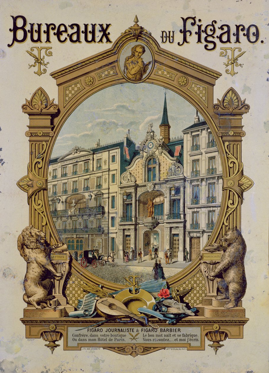 Juliste mainostaa pariisilaista sanomalehteä Le Figaroa, n. 1880 tekijältä Gustave Grimoin