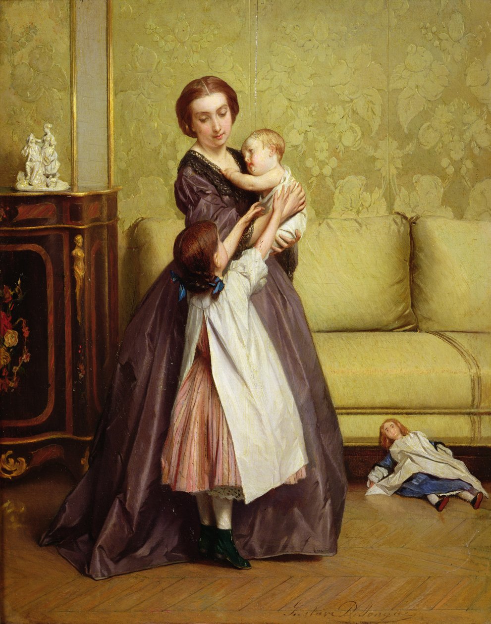 Nuori äiti lastensa kanssa salongissa tekijältä Gustave Léonard de Jonghe