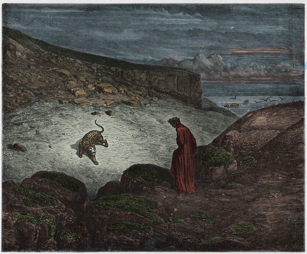 Inferno, Canto 1: Pantteri nousun alussa, kuvitus Dante Alighierin jumalallisesta komediasta, 1885 (digitaalisesti värillinen kaiverrus) tekijältä Gustave after Dore