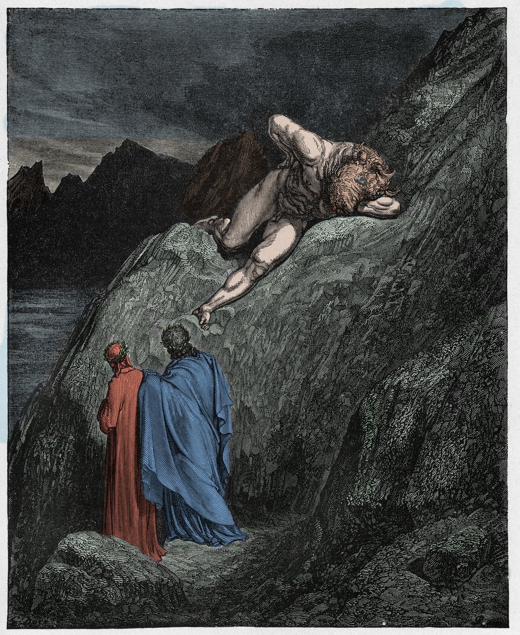 Inferno, Canto 12: Minotauros (Minotaure) särkyneellä kalliolla, kuvitus Dante Alighierin jumalallisesta komediasta, 1885 (digitaalivärinen kaiverrus) tekijältä Gustave after Dore