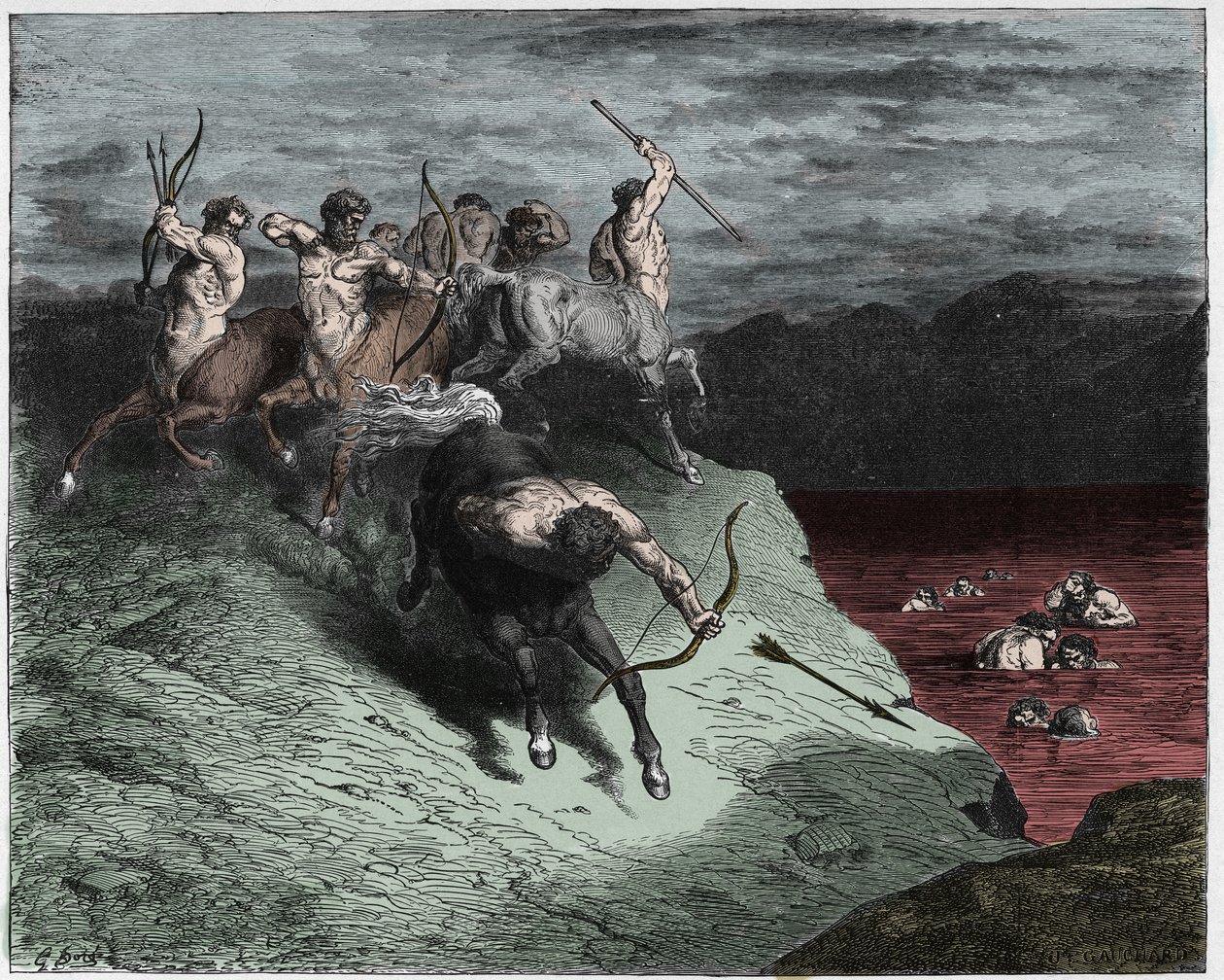 Inferno, Canto 12: Kentaurit hyökkäävät sielujen kimppuun kiehuvassa veressä, kuvitus Dante Alighierin jumalallisesta komediasta, 1885 (digitaalivärinen kaiverrus) tekijältä Gustave after Dore