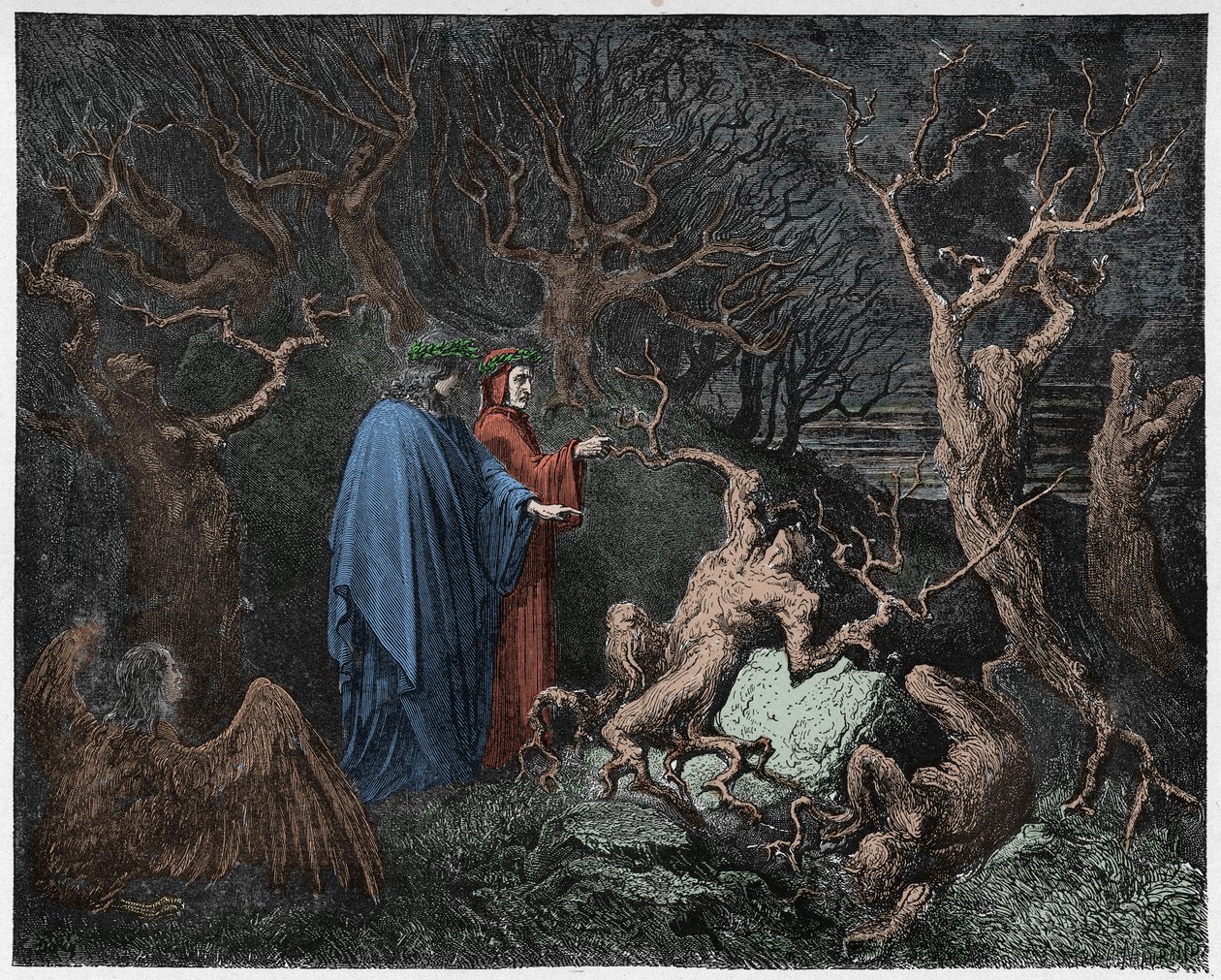 Inferno, Canto 13: Itsemurhat metsässä, kuvitus Dante Alighierin jumalallisesta komediasta, 1885 (digitaalisesti värillinen kaiverrus) tekijältä Gustave after Dore