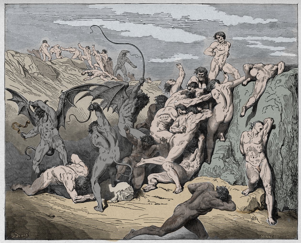 Inferno, Canto 18: Paholaiset ja viettelijät, kuvitus Dante Alighierin jumalallisesta komediasta, 1885 (digitaalivärinen kaiverrus) tekijältä Gustave after Dore