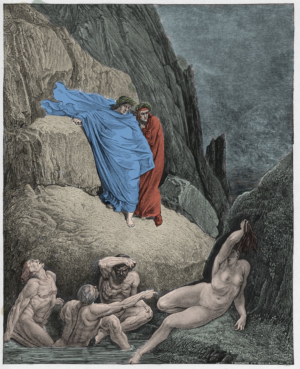 Inferno, Canto 18 : Vergilius näyttää Dantelle Thaisin sävyä, kuvitus Dante Alighierin jumalallisesta komediasta, 1885 (digitaalisesti värillinen kaiverrus) tekijältä Gustave after Dore