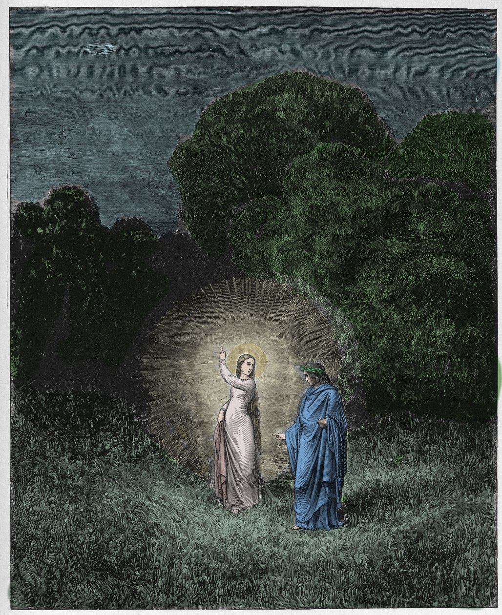 Inferno, Canto 2: Beatrice ja Vergilius, kuvitus Dante Alighierin jumalallisesta komediasta, 1885 (digitaalivärinen kaiverrus) tekijältä Gustave after Dore