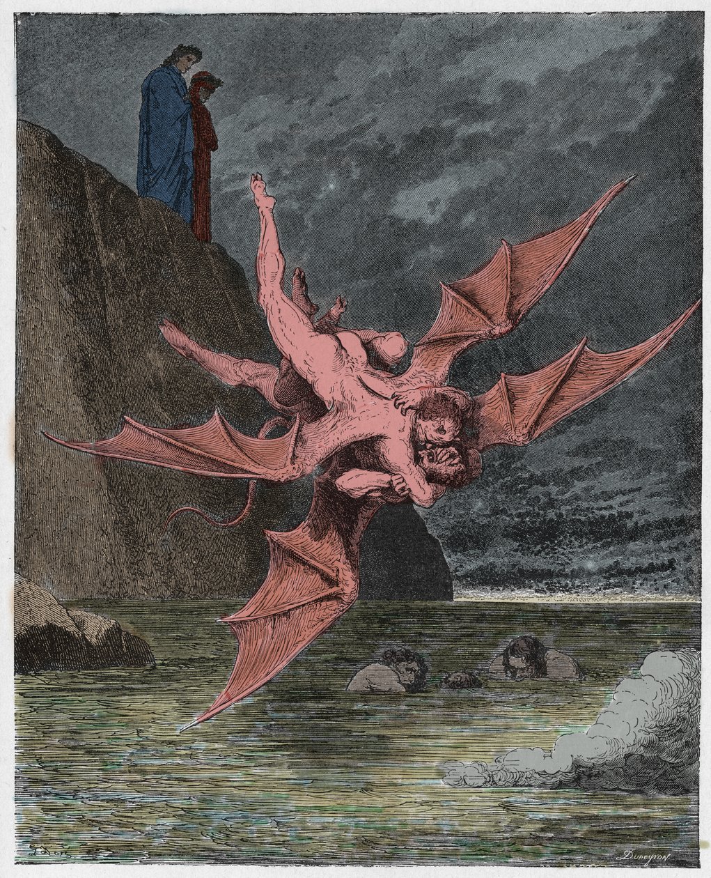 Inferno, Canto 22 : Alichino ja Calcabrina kouravat kentän yläpuolella, kuvitus Dante Alighierin jumalallisesta komediasta, 1885 (digitaalivärinen kaiverrus) tekijältä Gustave after Dore