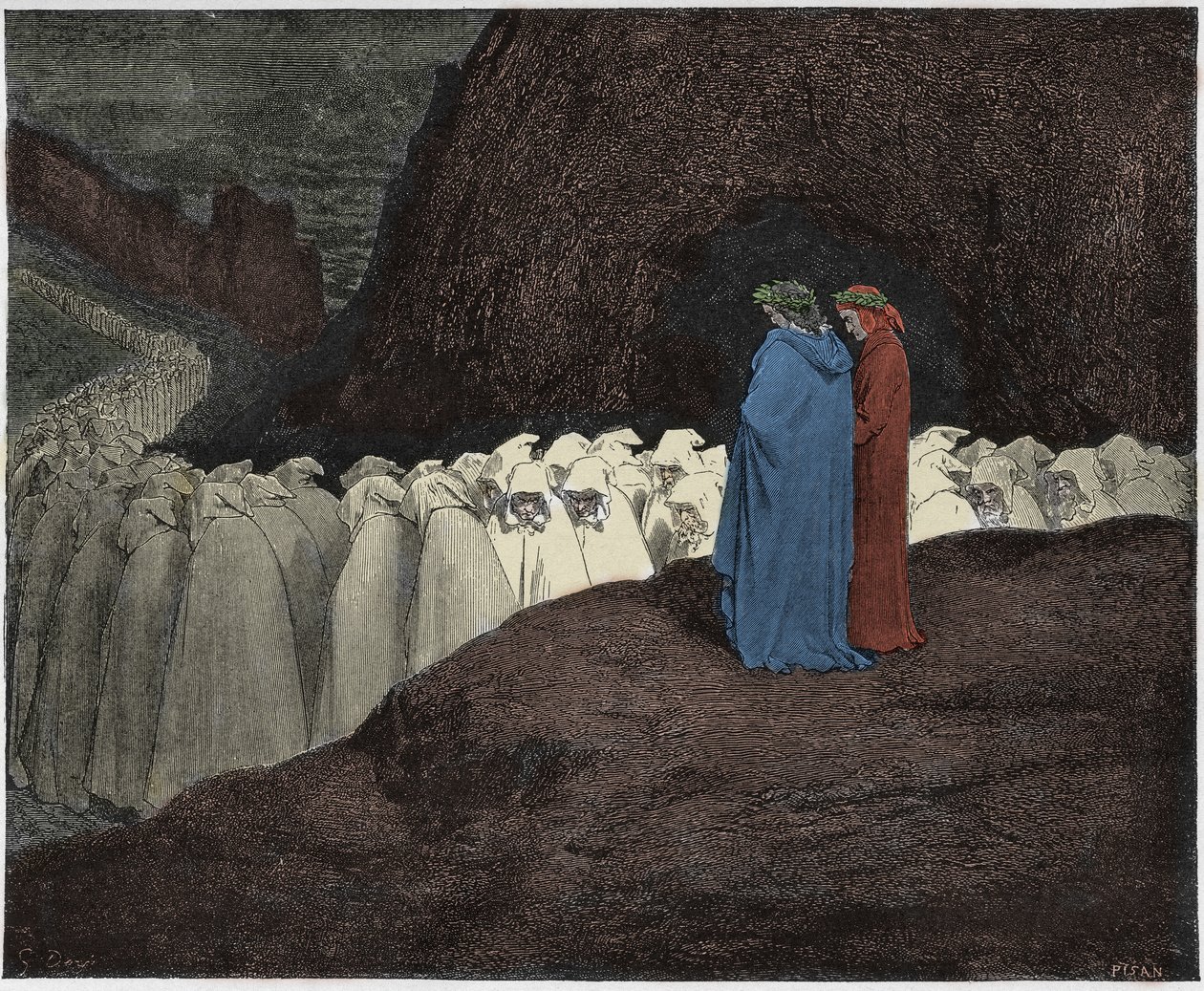 Inferno, Canto 23: Ulkokullatut puhuvat Dantesta, kuvitus Dante Alighierin jumalallisesta komediasta, 1885 (digitaalisesti värillinen kaiverrus) tekijältä Gustave after Dore