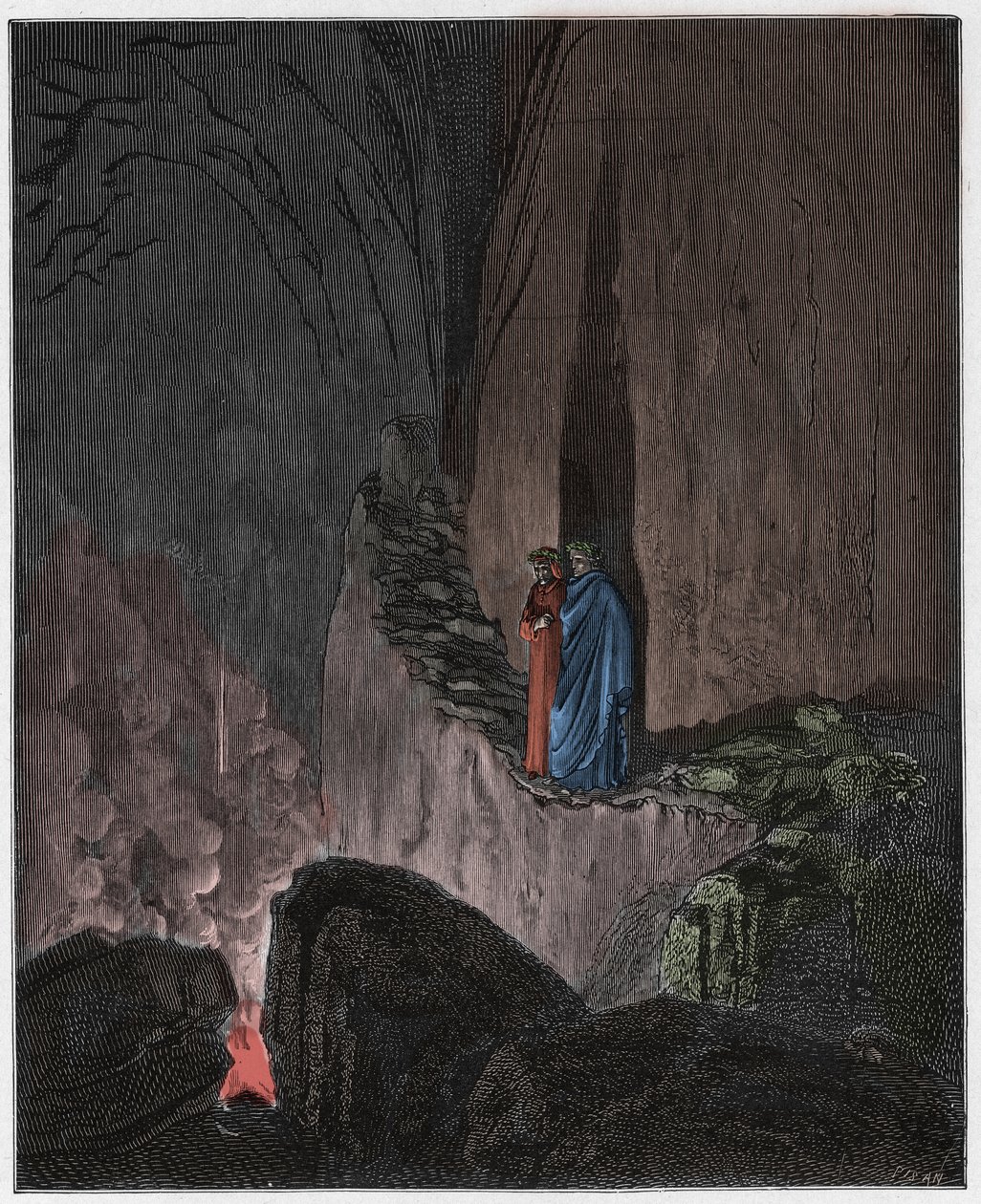 Inferno, Canto 26 : Ulysseksen ja Diomeden liekehtivät henget (Diomede), kuvitus Dante Alighierin jumalallisesta komediasta, 1885 (digitaalivärinen kaiverrus) tekijältä Gustave after Dore