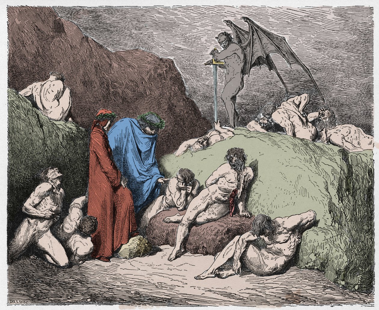 Inferno, Canto 28: Silvottuja eripuraa kylväjiä yhdeksännessä bolgiassa, kuvitus Dante Alighierin jumalallisesta komediasta, 1885 (digitaalisesti värillinen kaiverrus) tekijältä Gustave after Dore