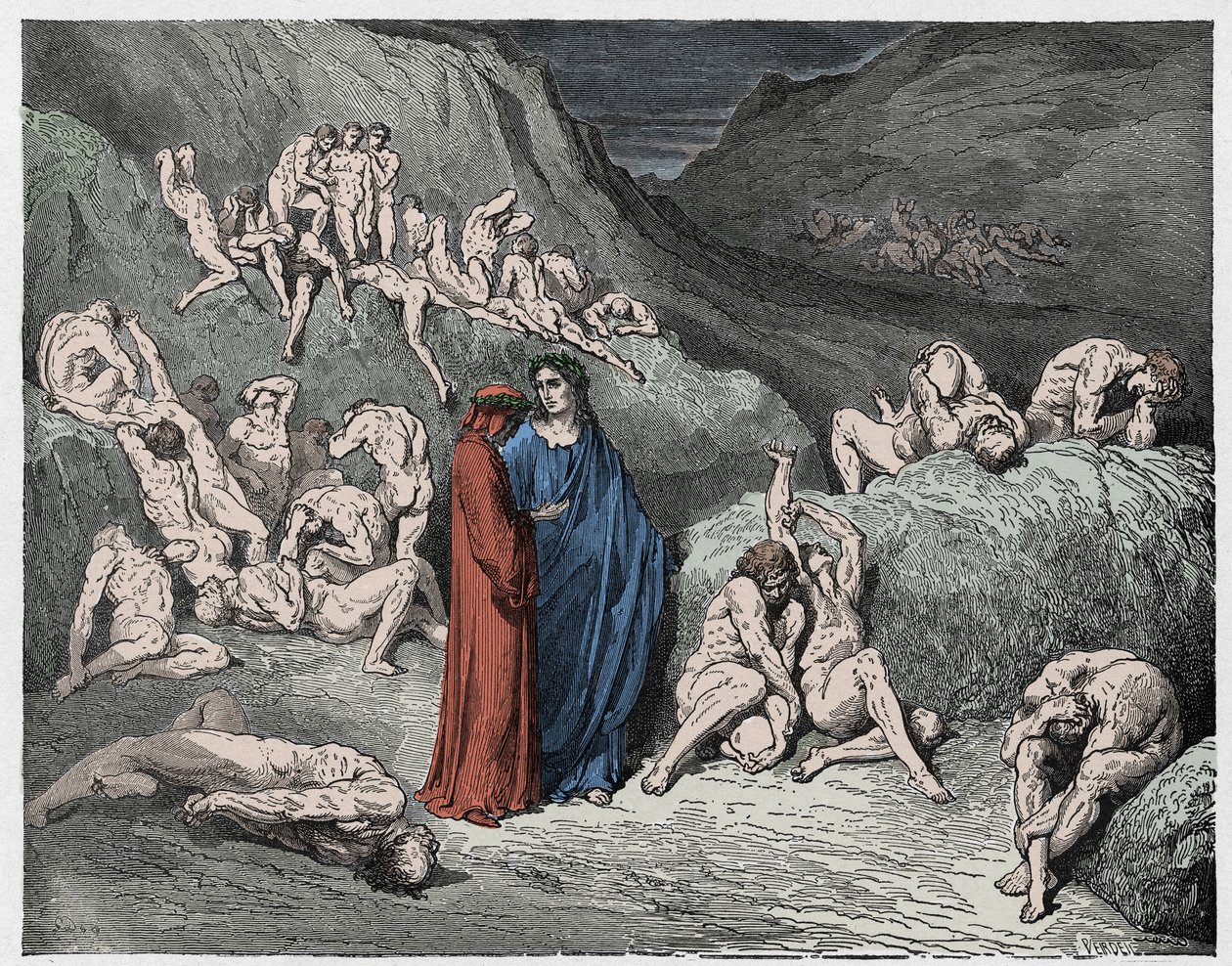 Inferno, laulu 29 : Väärentäjät ja väärentäjät, joita kutina vaivaa, kuvitus Dante Alighierin Jumalaisesta komediasta, 1885 (digitaalisesti väritetty kaiverrus). tekijältä Gustave after Dore
