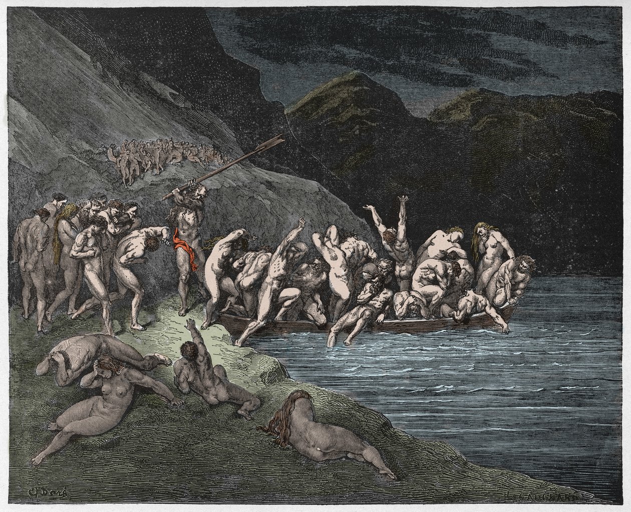 Inferno, Canto 3: Tuomitut sielut lähdössä ylittämään Acheronin, kuvitus Dante Alighierin jumalallisesta komediasta, 1885 (digitaalinen kaiverrus) tekijältä Gustave after Dore