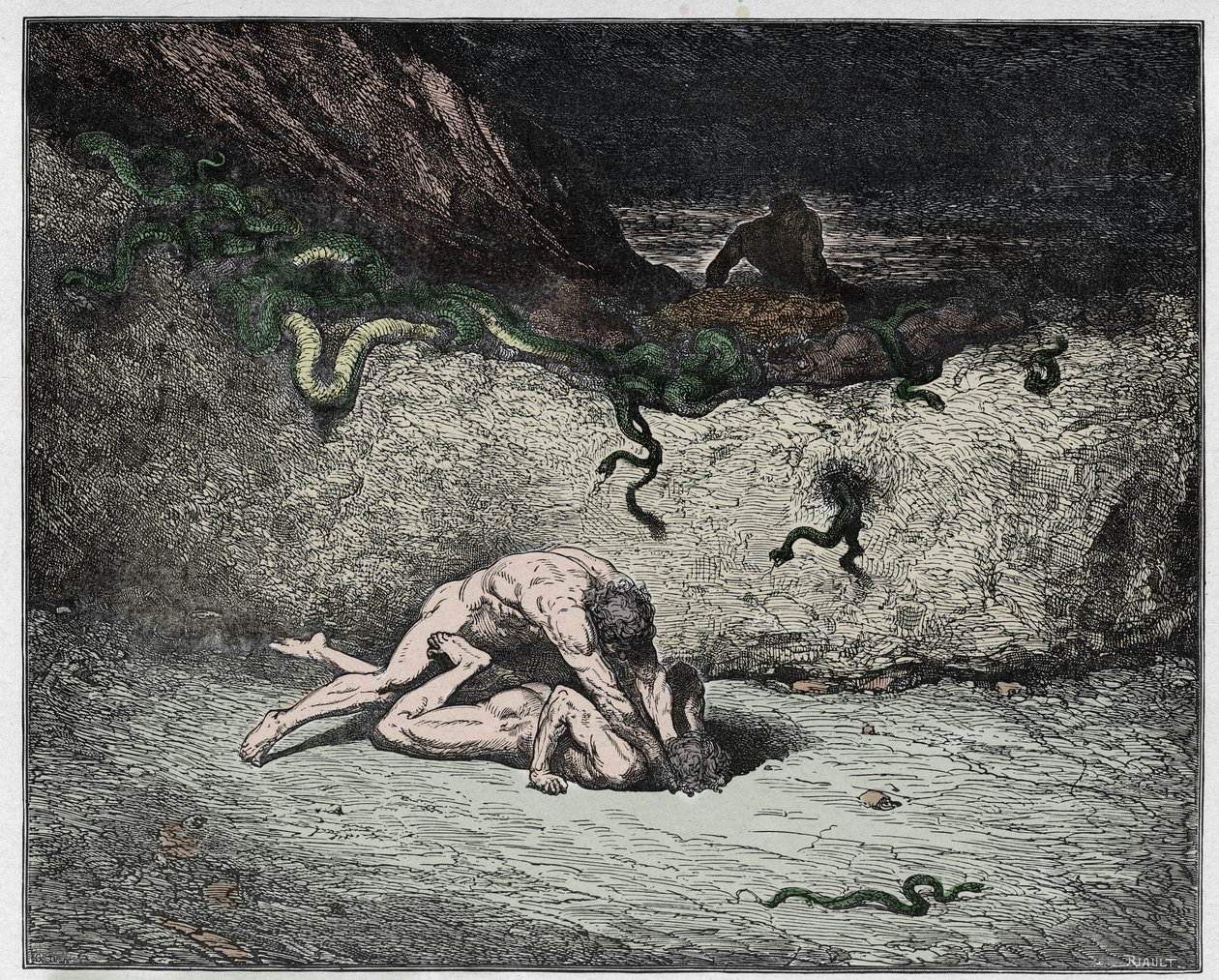 Inferno, Canto 30 : väärentäjien kidutus yhdeksännessä bolgiassa (Gianni Schicchi), kuvitus Dante Alighierin teoksesta Divine Comedy, 1885 (digitaalisesti väritetty kaiverrus). tekijältä Gustave after Dore