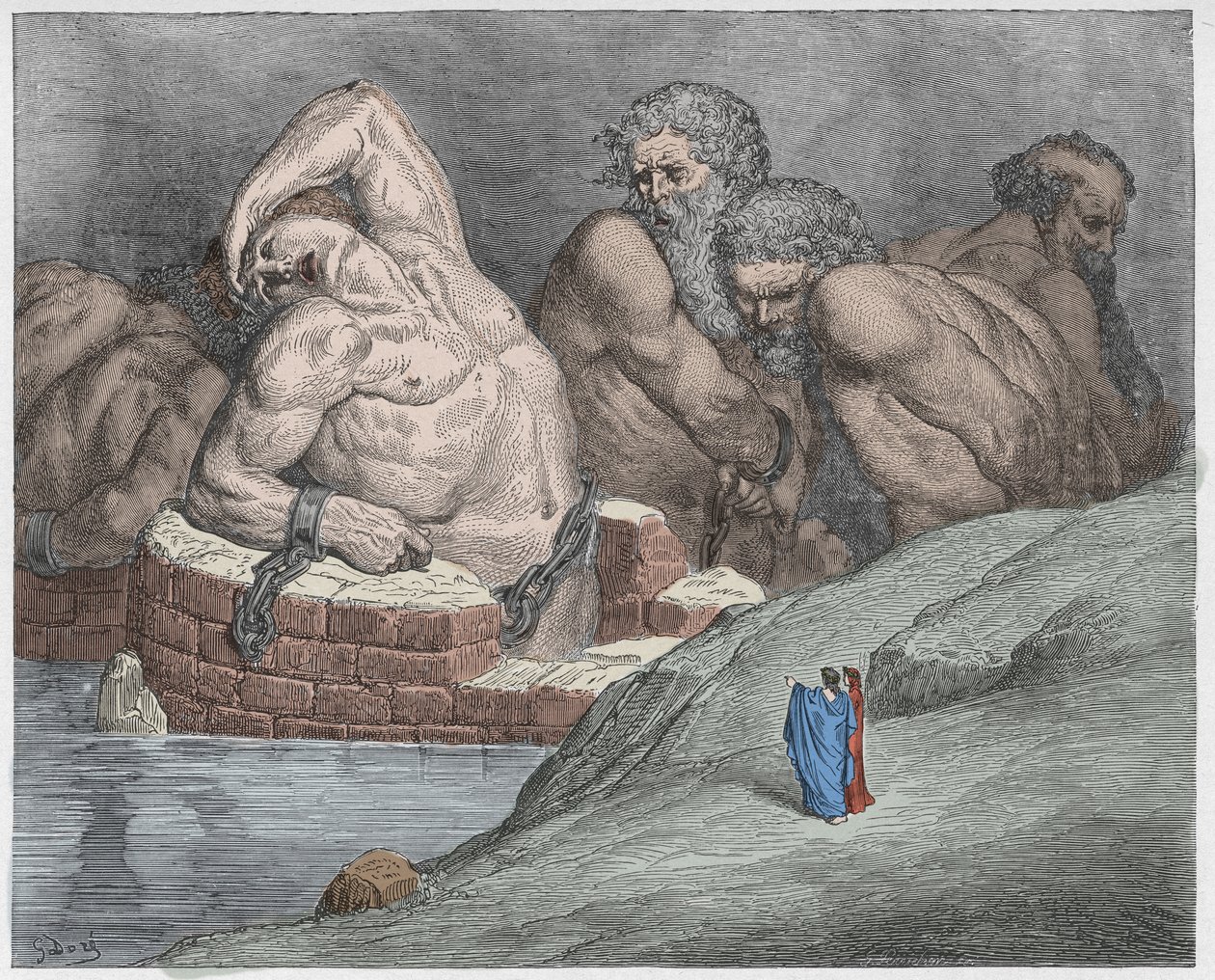 Inferno, Canto 31: Ephialtes (Ephialte) viihreissä jättiläisten joukossa, kuvitus Dante Alighierin jumalallisesta komediasta, 1885 (digitaalisesti värillinen kaiverrus) tekijältä Gustave after Dore