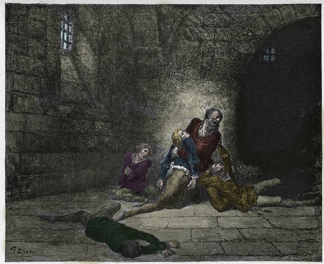 Inferno, Canto 33: Gaddo kuolee isänsä silmien edessä (Ugolin (Ugolino) della Gherardesca), kuvitus Dante Alighierin jumalallisesta komediasta, 1885 (digitaalivärinen kaiverrus) tekijältä Gustave after Dore