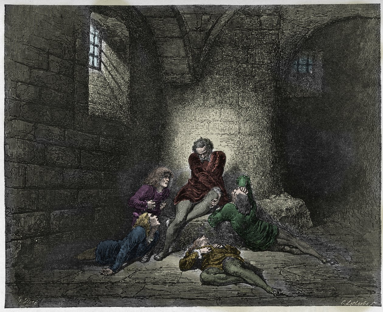 Inferno, Canto 33 : Ugolino (Ugolin della Gherardesca) ja hänen poikansa nälkiintyneinä, kuvitus Dante Alighierin jumalallisesta komediasta, 1885 (digitaalivärinen kaiverrus) tekijältä Gustave after Dore