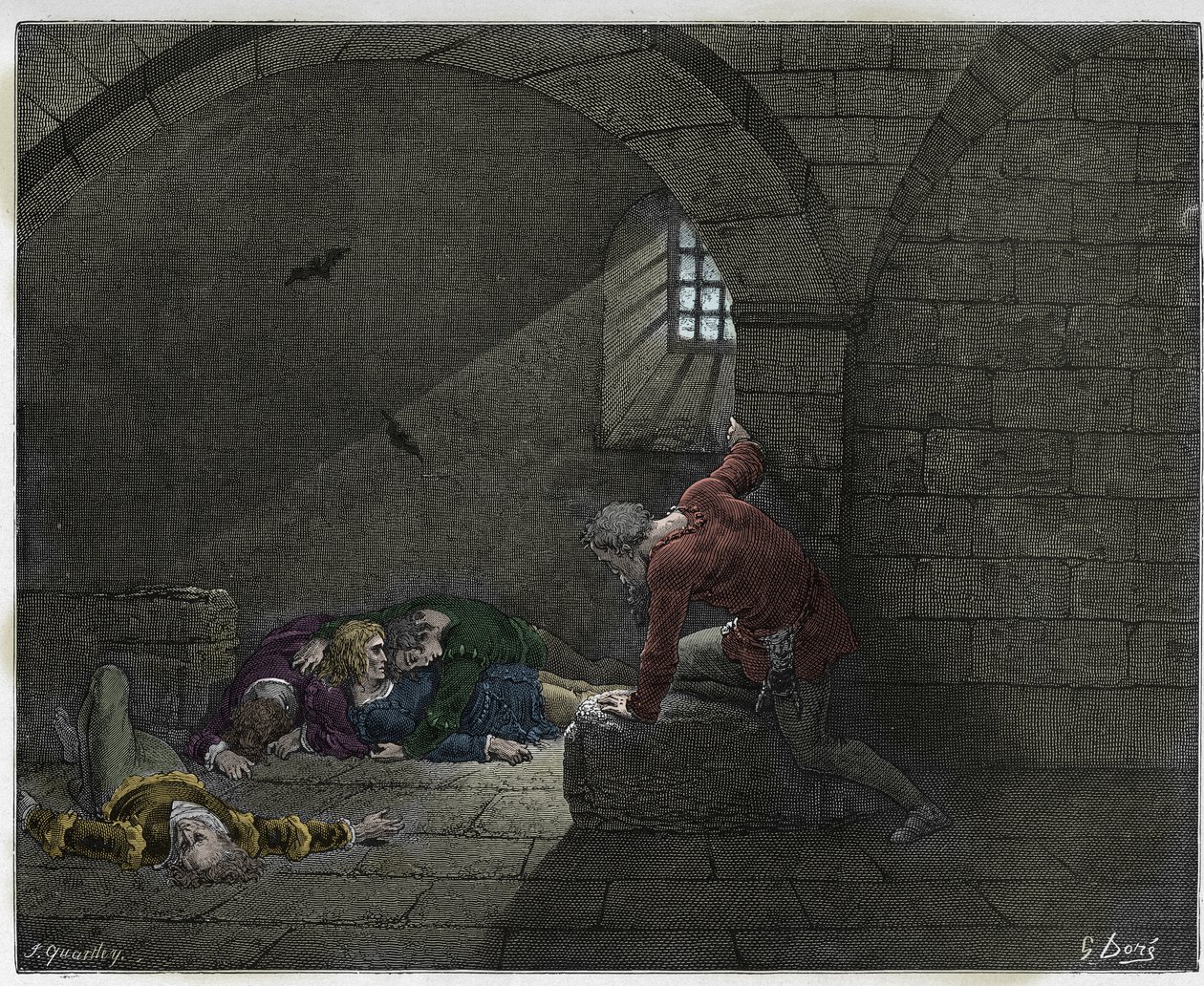 Inferno, Canto 33 : Ugolino (Ugolin della Gherardesca) sellissä neljän kuolleen poikansa kanssa, kuvitus Dante Alighierin jumalallisesta komediasta, 1885 (digitaalivärinen kaiverrus) tekijältä Gustave after Dore