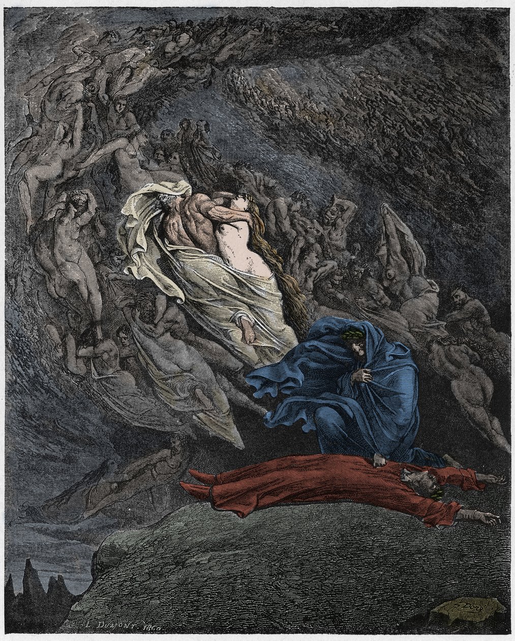 Inferno, Canto 5: Francesca Da Rimini kuvaa kuolemaansa, piirros Dante Alighierin jumalallisesta komediasta, 1885 (digitaalivärinen kaiverrus) tekijältä Gustave after Dore