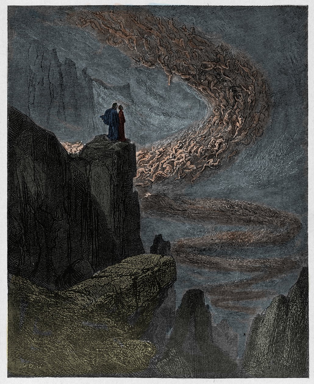 Inferno, Canto 5: Minos tuomitsee rikkomukset ja lähettää sielut, kuvitus Dante Alighierin jumalallisesta komediasta, 1885 (digitaalivärinen kaiverrus) tekijältä Gustave after Dore