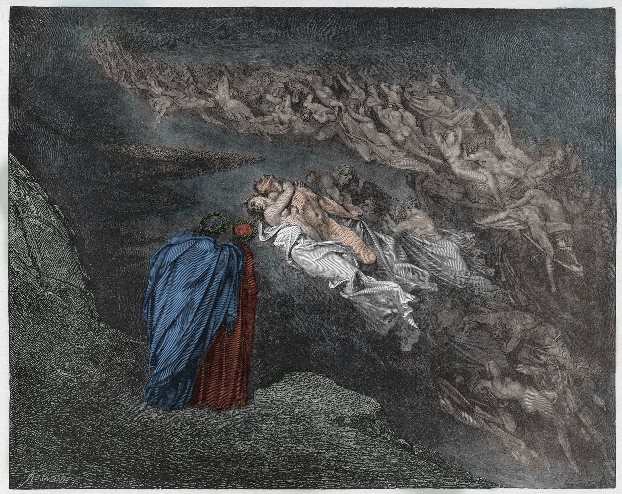 Inferno, Canto 5 : Francesca Da Riminin sielu puhuu Dantelle, kuvitus Dante Alighierin jumalallisesta komediasta, 1885 (digitaalisesti värillinen kaiverrus) tekijältä Gustave after Dore