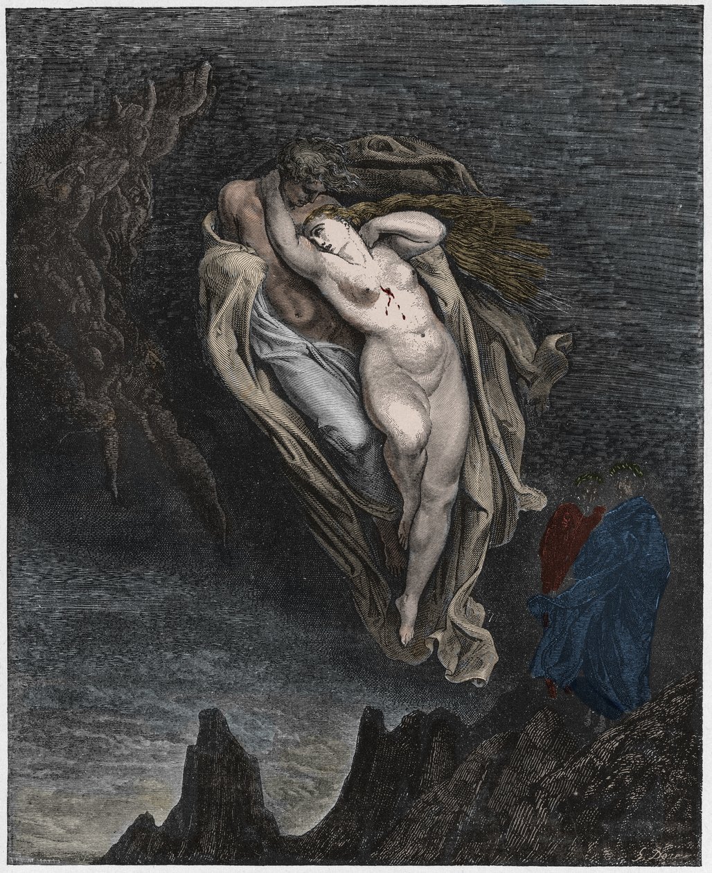 Inferno, Canto 5: Paolon ja Francescan sielut, kuvitus Dante Alighierin jumalallisesta komediasta, 1885 (digitaalivärinen kaiverrus) tekijältä Gustave after Dore