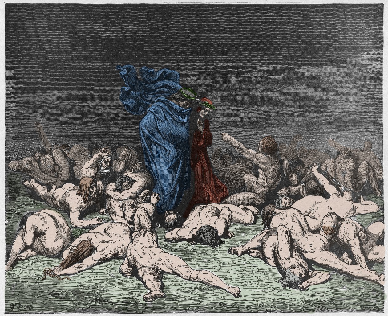 Inferno, Canto 6 : Ikuisen sateen runtelemat ahmarit, kuvitus Dante Alighierin jumalallisesta komediasta, 1885 (digitaalivärinen kaiverrus) tekijältä Gustave after Dore