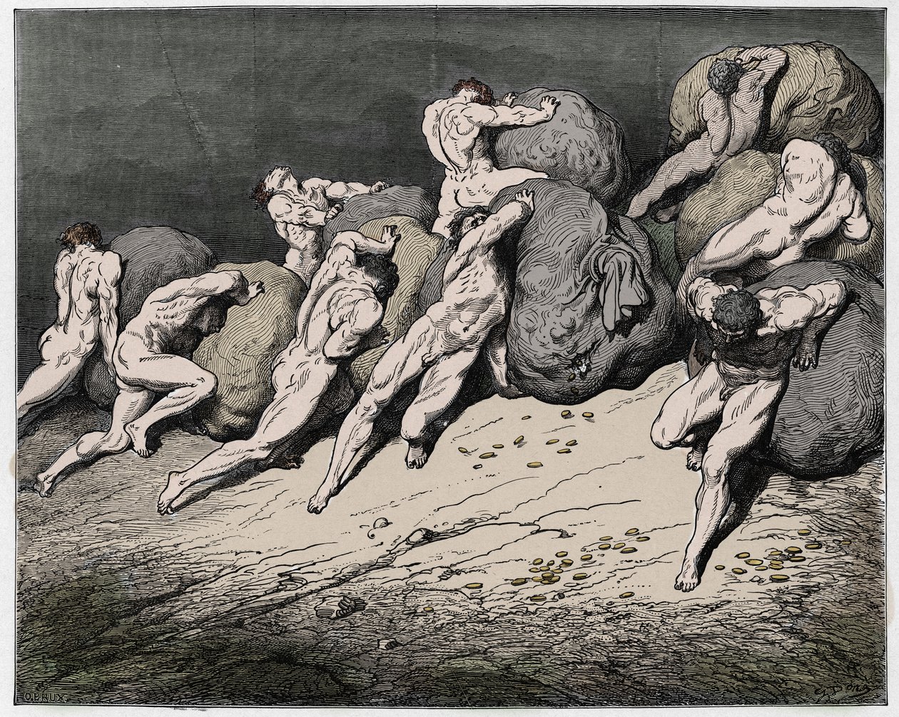 Inferno, Canto 7: Ahneiden ja tuhlaajapojan sielut, jotka pakotettiin vierittämään raskaita kiviä, kuvitus Dante Alighierin jumalallisesta komediasta, 1885 (digitaalisesti värillinen kaiverrus) tekijältä Gustave after Dore