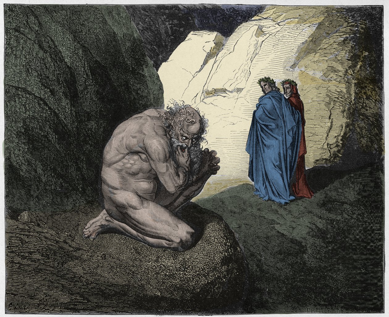 Inferno, Canto 7: Vergilius nuhtelee Plutusta (Ploutos) neljännen ympyrän sisäänkäynnissä, kuvitus Dante Alighierin jumalallisesta komediasta, 1885 (digitaalivärinen kaiverrus) tekijältä Gustave after Dore