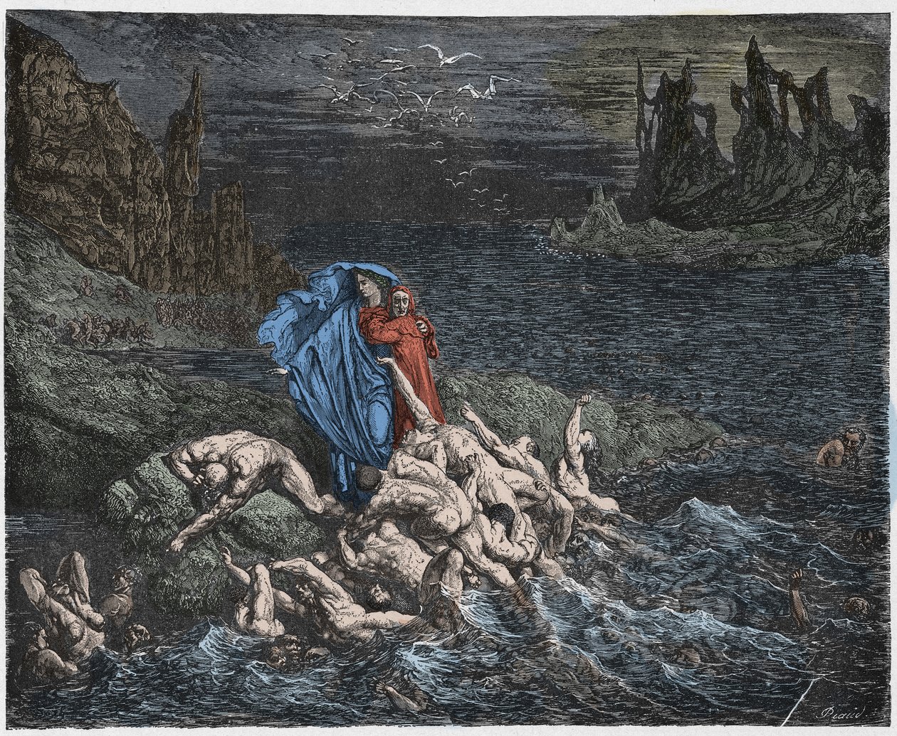 Inferno, Canto 7: Vergilius näyttää Dantelle vihaisten sieluja Styxissä, kuvitus Dante Alighierin jumalallisesta komediasta, 1885 (digitaalivärinen kaiverrus) tekijältä Gustave after Dore