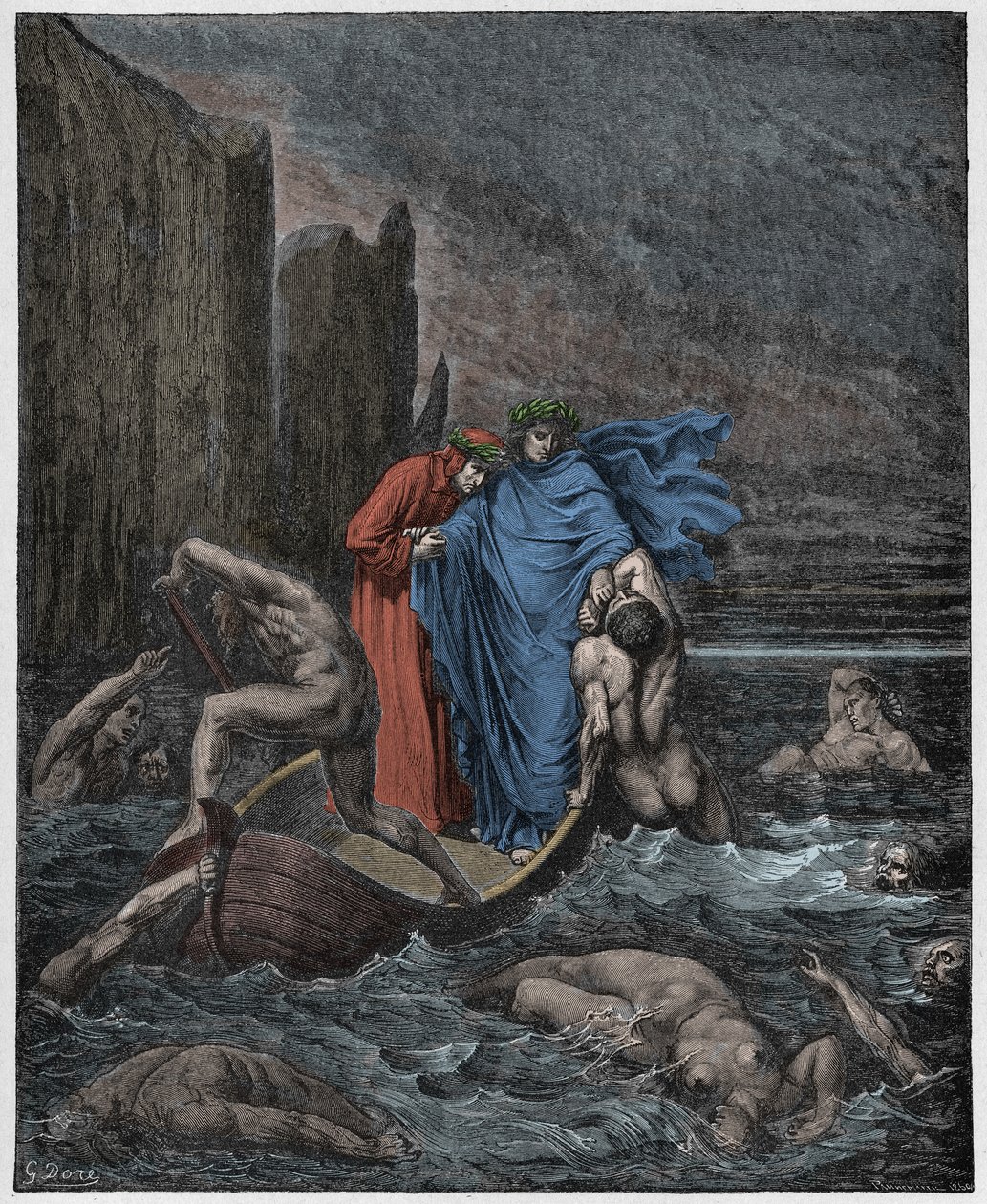 Inferno, Canto 8: Firenzeläisen Philippo Argentin (Filippo Argenti) sielu puhuu runoilijoita Styxillä, kuvitus Dante Alighierin jumalallisesta komediasta, 1885 (digitaalisesti väritetty kaiverrus). tekijältä Gustave after Dore