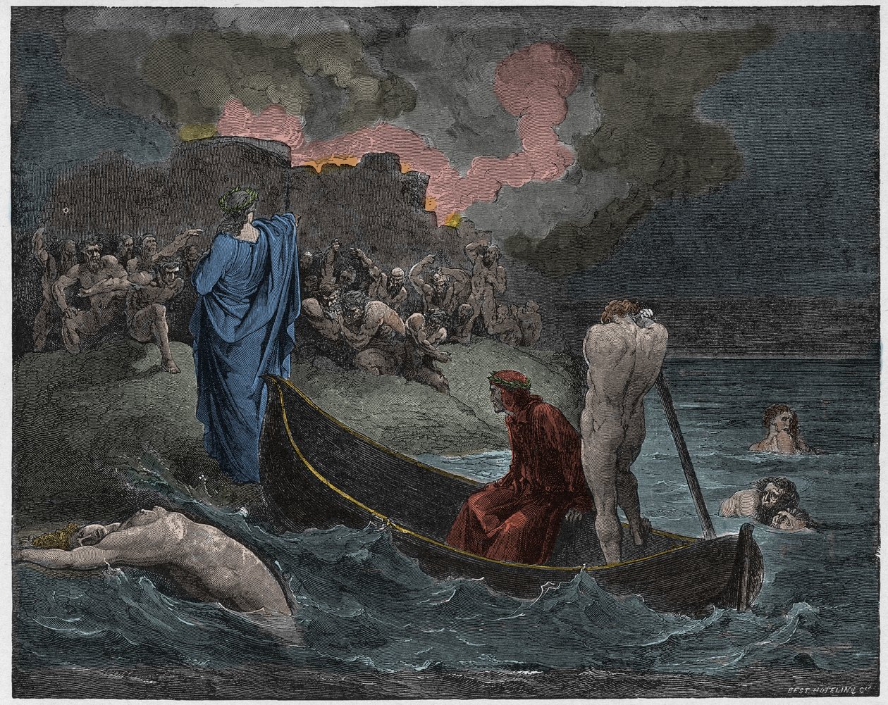Inferno, Canto 8: Vergilius ja Dante laskeutuvat maihin Disin (Dite) linnoituksesta, kuvitus Dante Alighierin jumalallisesta komediasta, 1885 (digitaalisesti värillinen kaiverrus) tekijältä Gustave after Dore