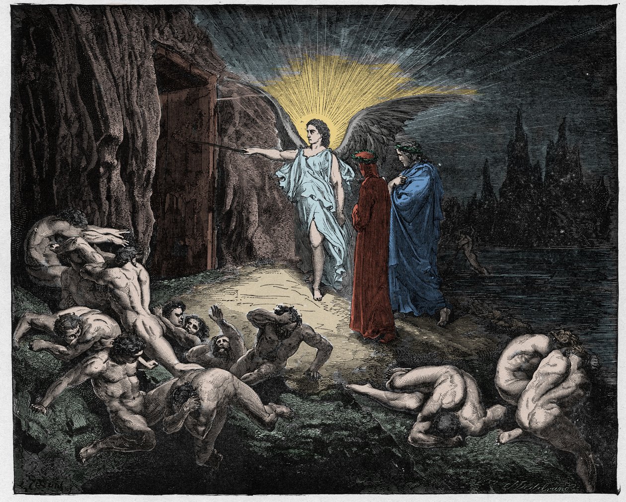 Inferno, Canto 9: Enkeli avaa portit, kuvitus Dante Alighierin jumalallisesta komediasta, 1885 (digitaalivärinen kaiverrus) tekijältä Gustave after Dore