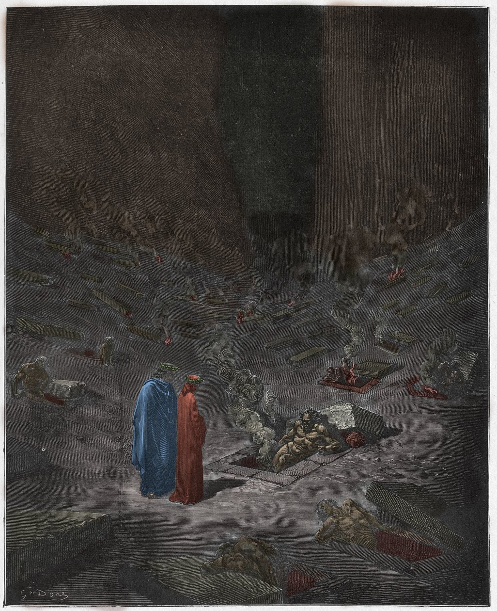 Inferno, Canto 9: Harhaoppineiden palavat haudat, kuvitus Dante Alighierin jumalallisesta näytelmästä, 1885 (digitaalivärinen kaiverrus) tekijältä Gustave after Dore