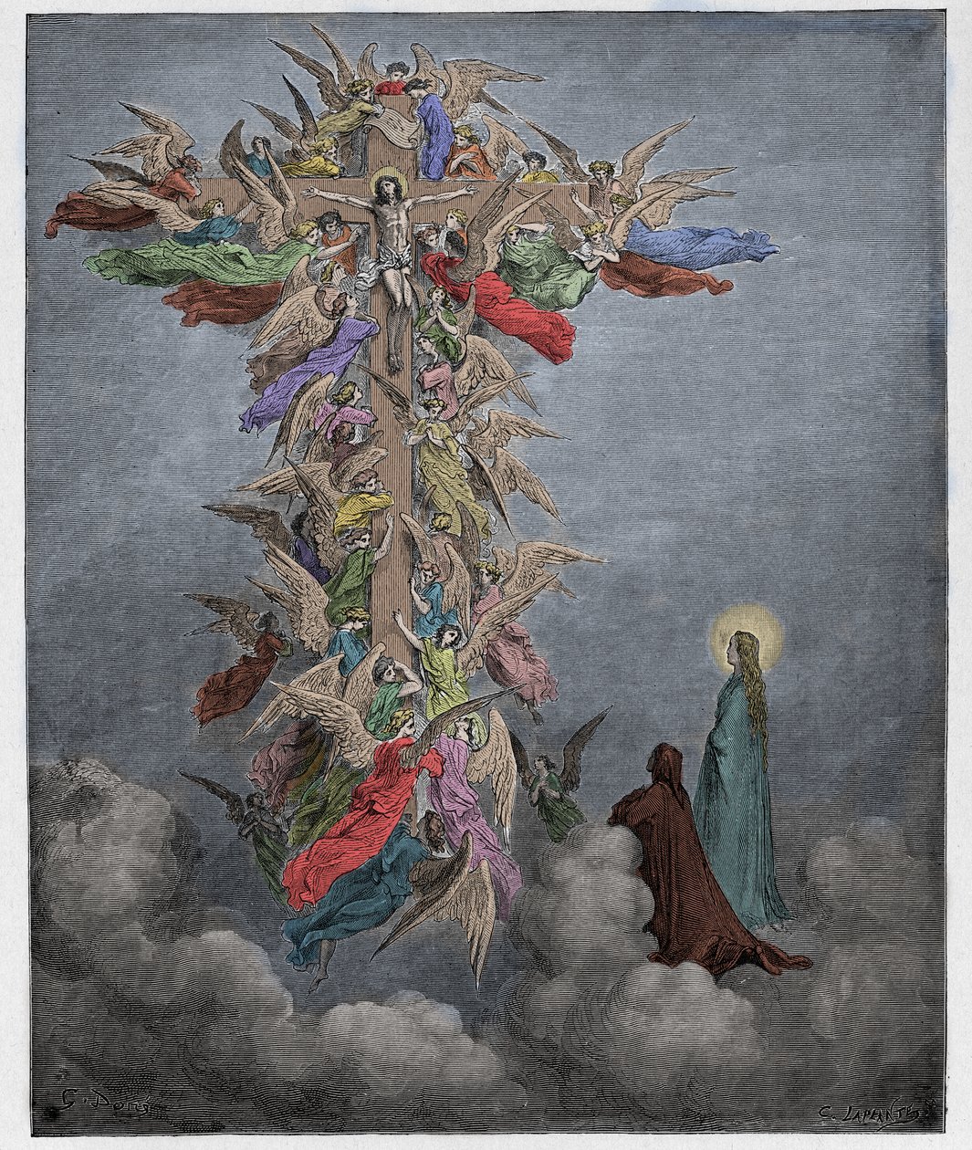 Paradiso, Canto 14: Dante ja Beatrice näkevät enkelit Kristuksen kanssa ristillä, kuvitus Dante Alighierin jumalallisesta näytelmästä, 1885 (digitaalinen kaiverrus) tekijältä Gustave after Dore