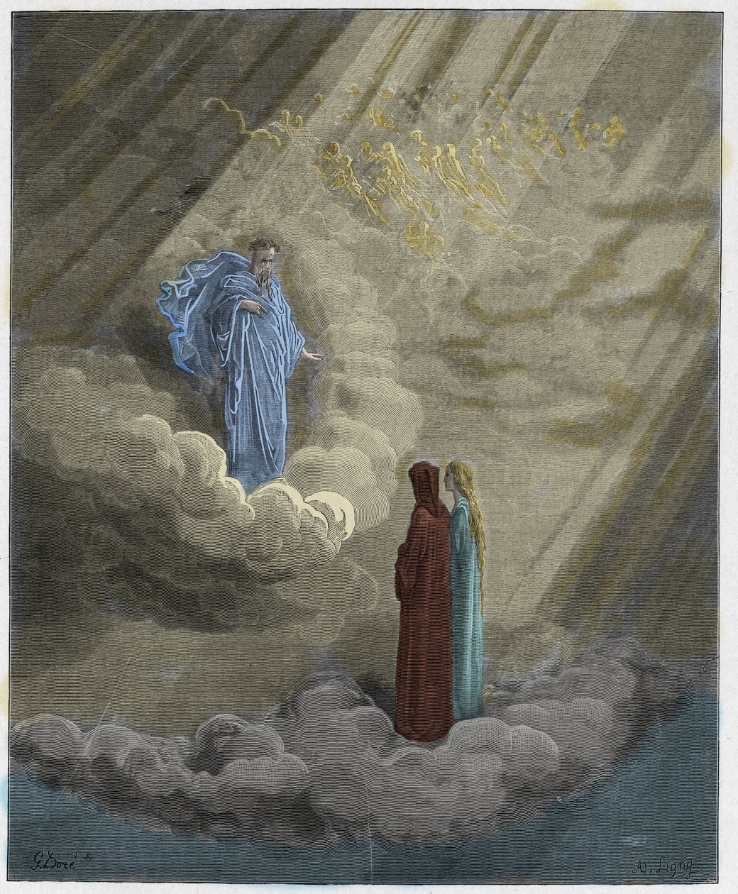 Paradiso, Canto 16: Caddiaguidan sielu puhuu Firenzestä, kuvitus Dante Alighierin jumalallisesta komediasta, 1885 (digitaalisesti värillinen kaiverrus) tekijältä Gustave after Dore