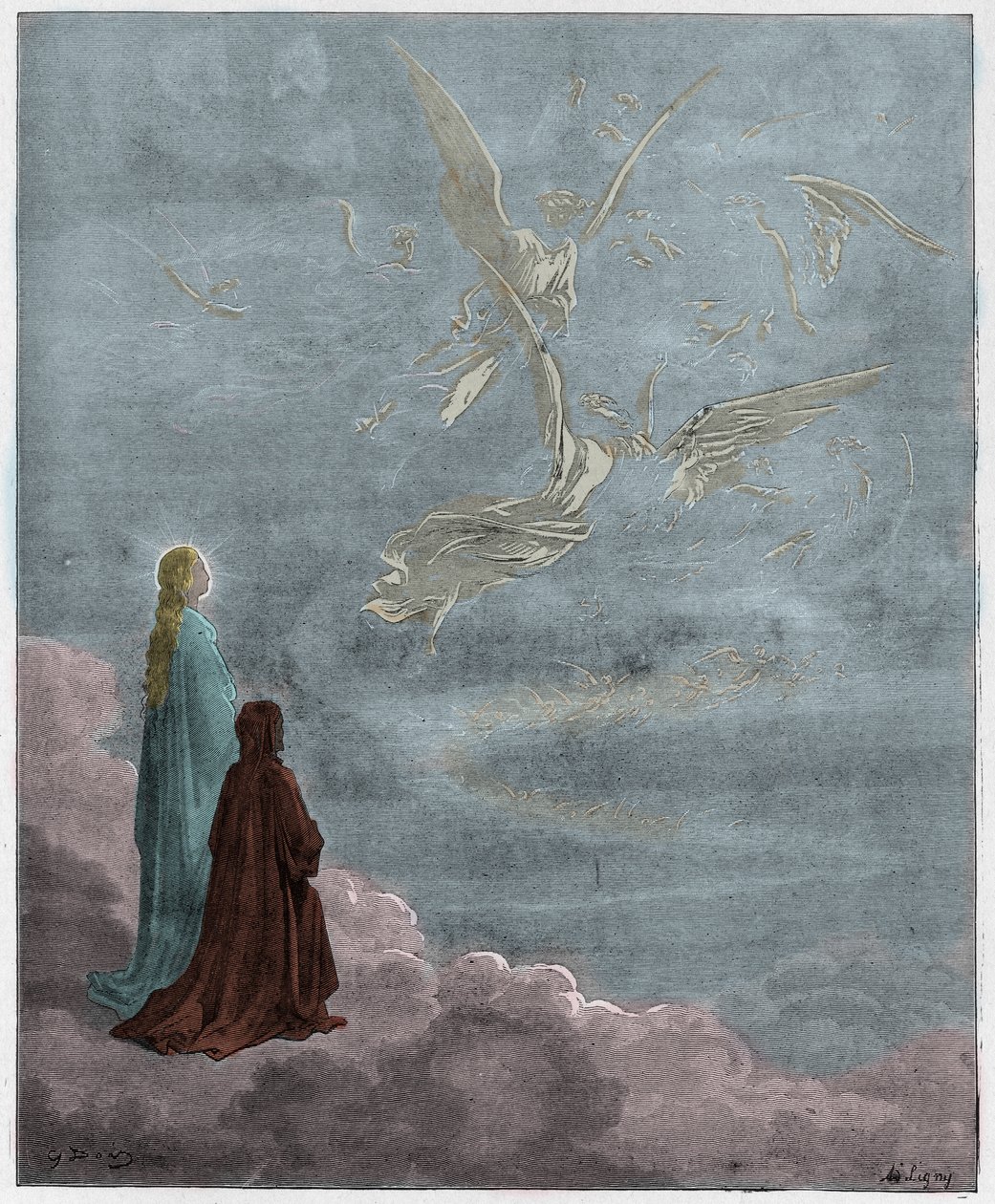 Paradiso, Canto 18: Dante ja Beatrice käännettynä Jupiterin sfääriin, kuvitus Dante Alighierin jumalallisesta komediasta, 1885 (digitaalisesti värillinen kaiverrus) tekijältä Gustave after Dore