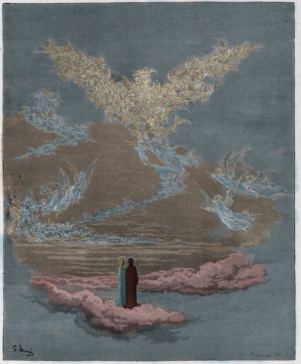 Paradiso, Canto 19: Siunatut sielut muodostavat kotkan taivaalla, kuvitus Dante Alighierin jumalallisesta komediasta, 1885 (digitaalinen kaiverrus) tekijältä Gustave after Dore