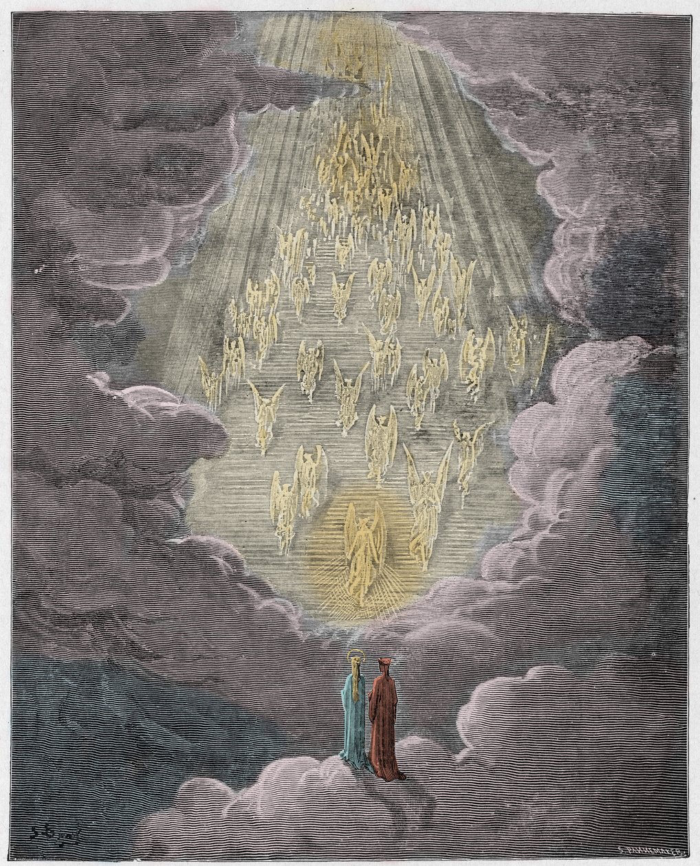 Paradiso, Canto 21: Beatrice ja Dante Saturnuksen sfäärissä, kuvitus Dante Alighierin jumalallisesta komediasta, 1885 (digitaalivärinen kaiverrus) tekijältä Gustave after Dore