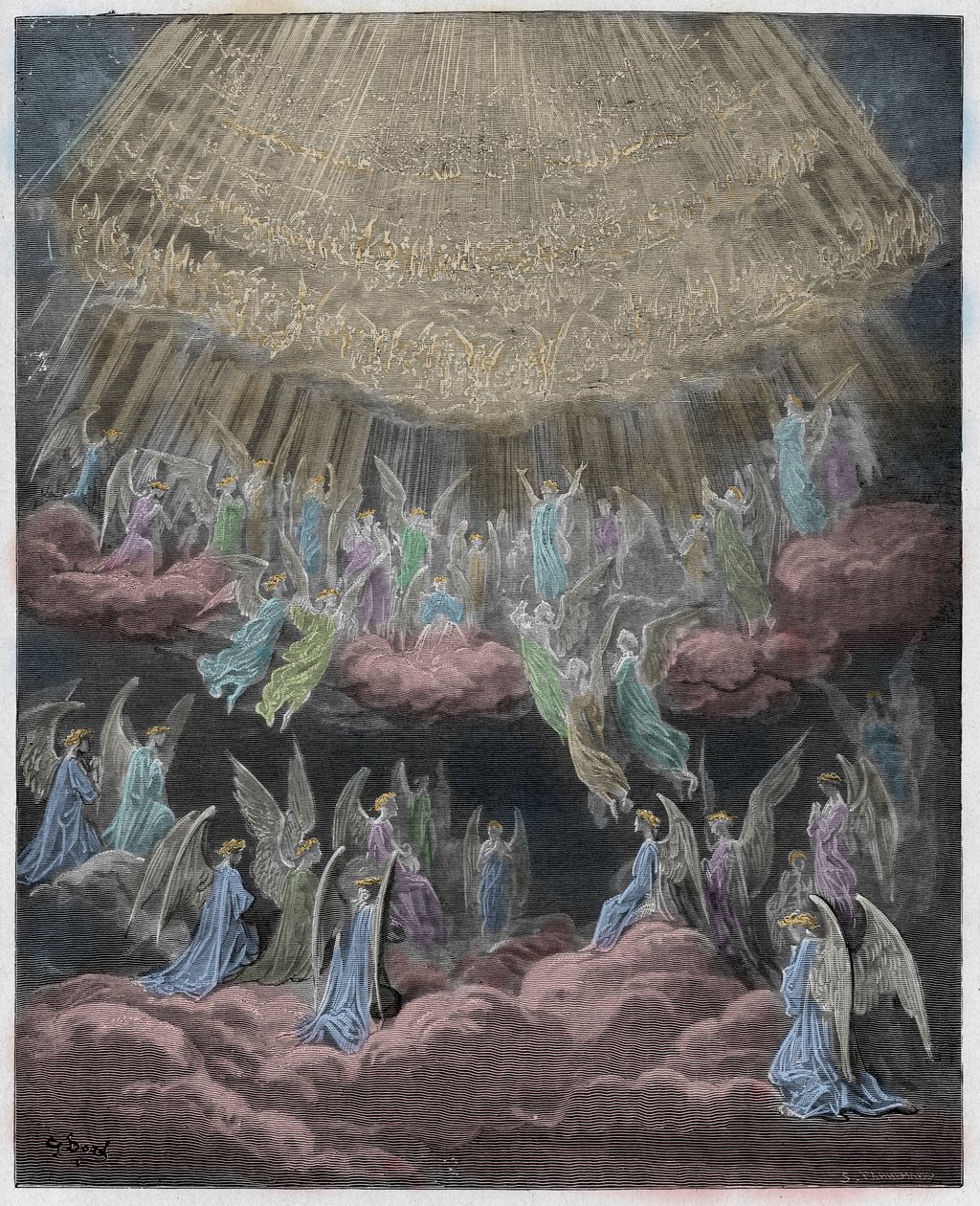 Paradiso, Canto 27: Taivaallinen isäntä laulaa Gloria In Excelsis Deo, kuvitus Dante Alighierin jumalallisesta komediasta, 1885 (digitaalivärinen kaiverrus) tekijältä Gustave after Dore