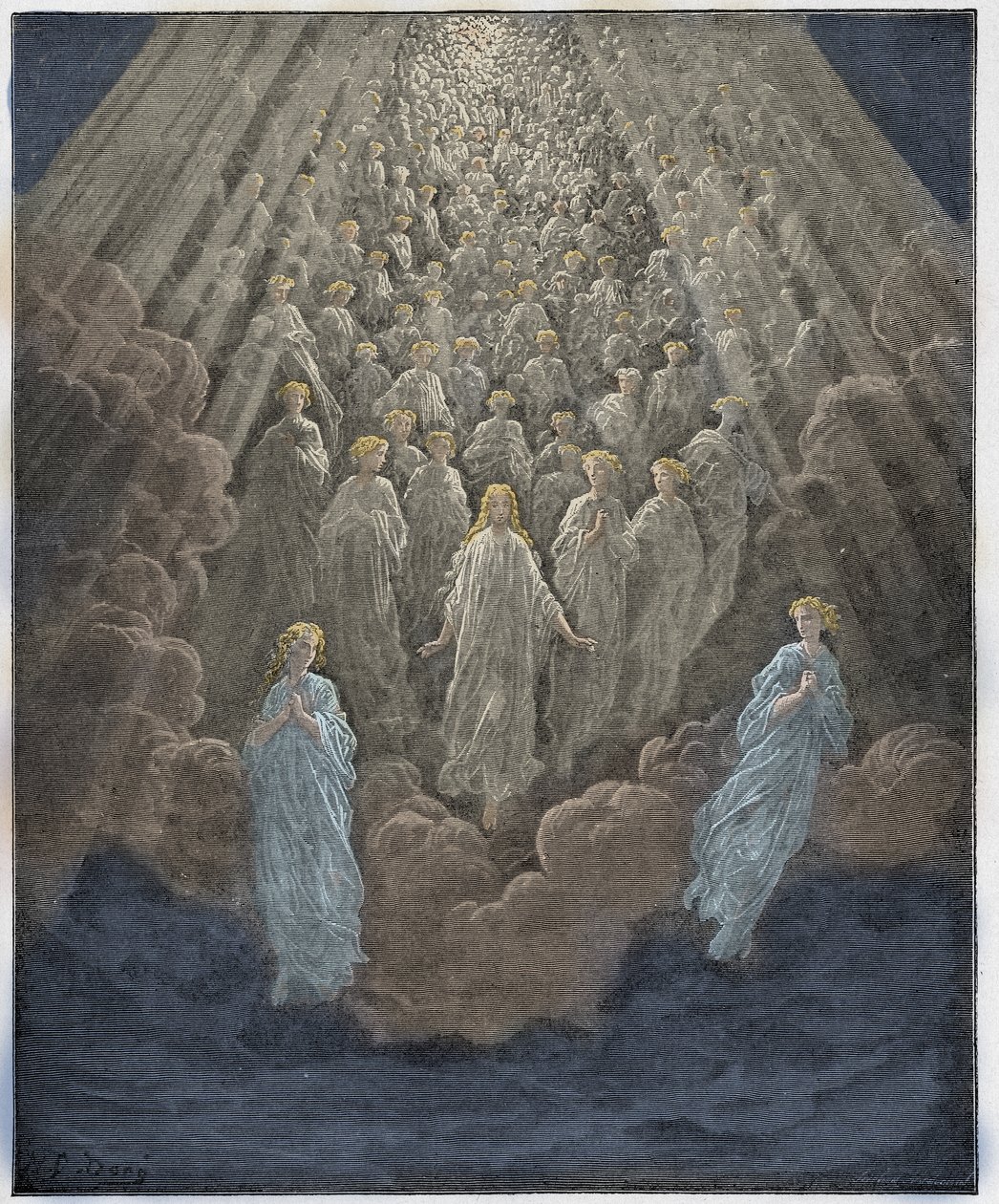 Paradiso, Canto 5 : Lukemattomien hehkuvien sielujen joukko toisessa valtakunnassa, kuvitus Dante Alighierin jumalallisesta komediasta, 1885 (digitaalivärinen kaiverrus) tekijältä Gustave after Dore